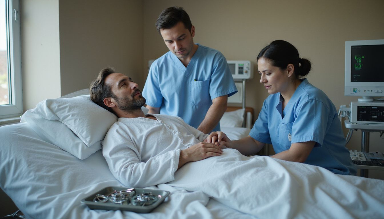 A patient rests in a hospital bed while receiving emergency cardiac care.