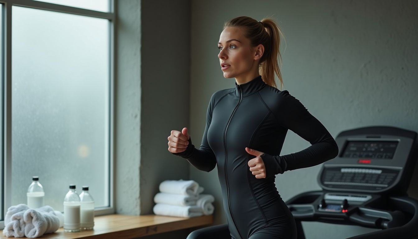 Running on a treadmill in a heat suit during a focused workout.