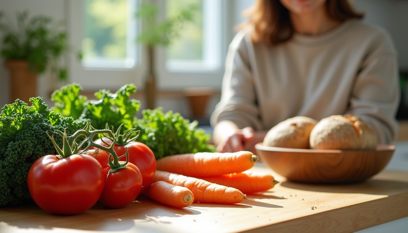 A person selecting fresh produce at a kitchen counter.