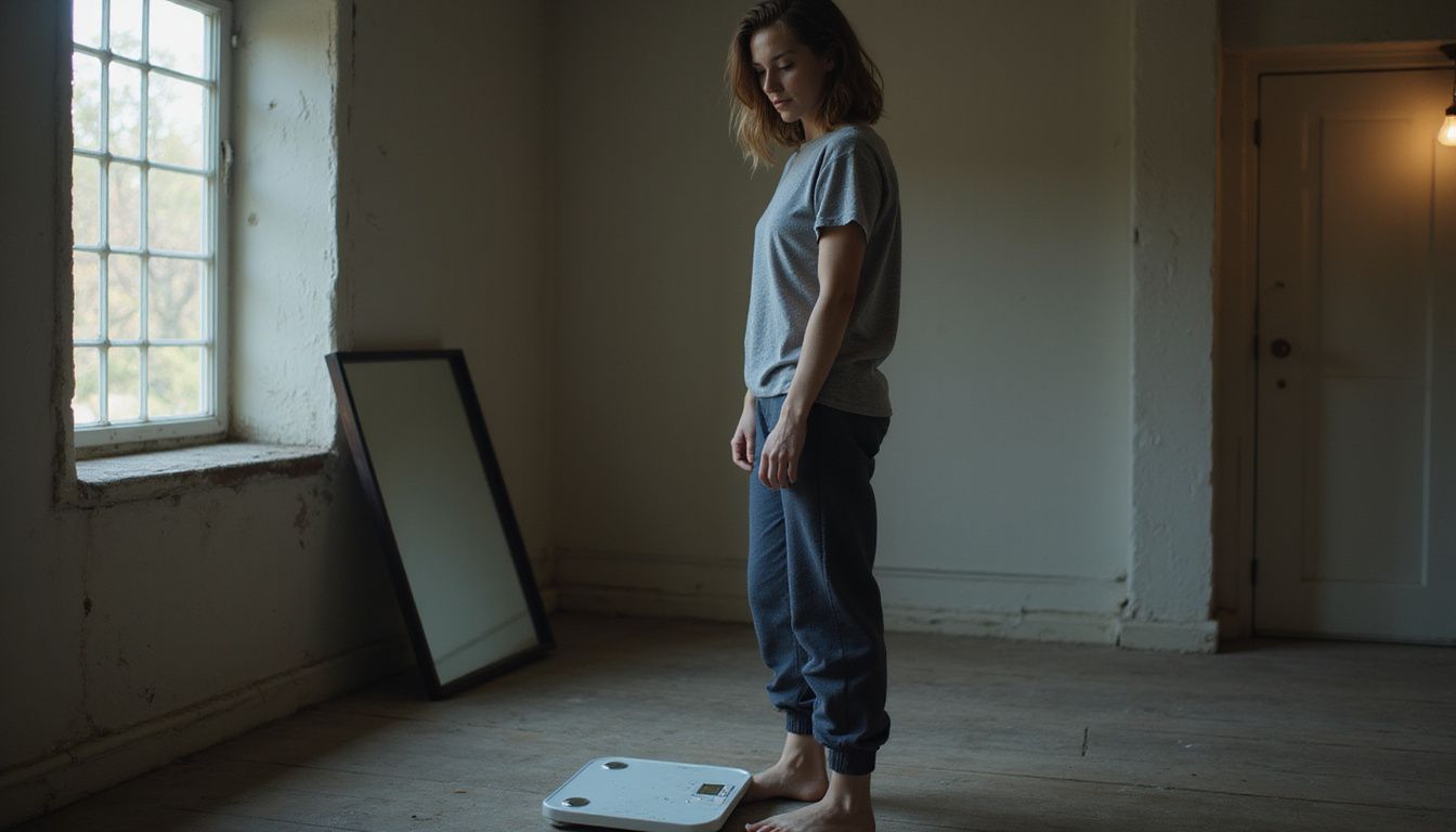 A person stands barefoot on a scale, concerned by the low number.