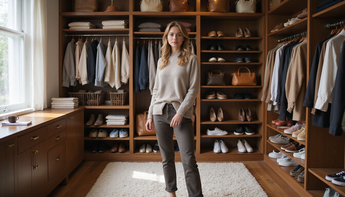 A style icon stands in a well organized luxury walk-in closet. A style icon stands in a well organized luxury walk-in closet.