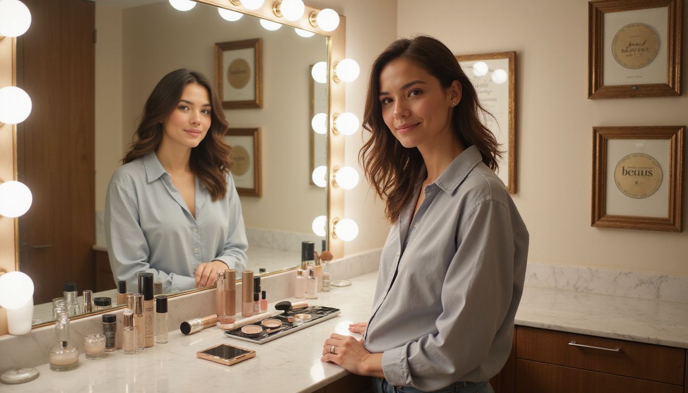 A public figure standing at a vanity filled with beauty products, looking camera-ready.