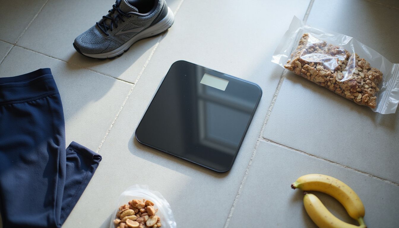 Scale, workout clothes, and healthy snacks on a bathroom floor, suggesting lifestyle change. Scale, workout clothes, and healthy snacks on a bathroom floor, suggesting lifestyle change.