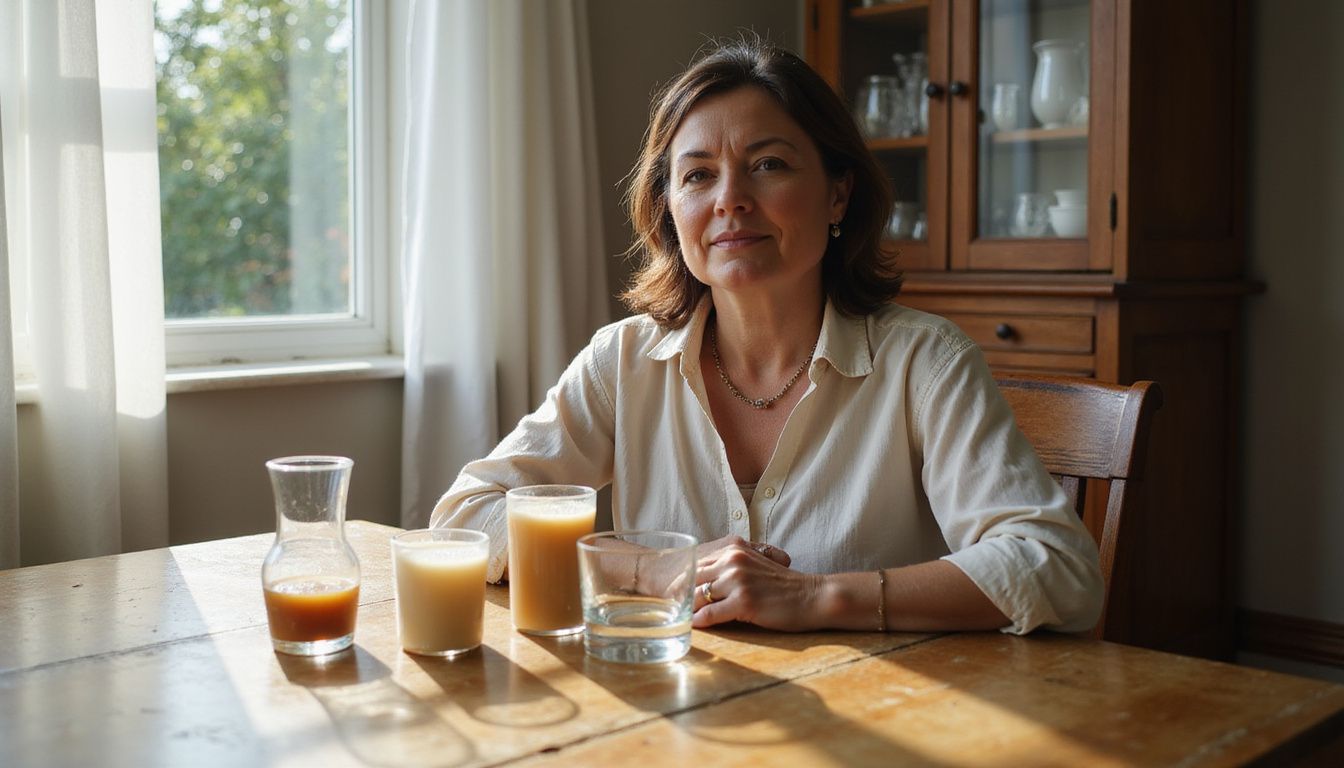 Woman thinking at a dining table, planning a liquid diet. Woman thinking at a dining table, planning a liquid diet.