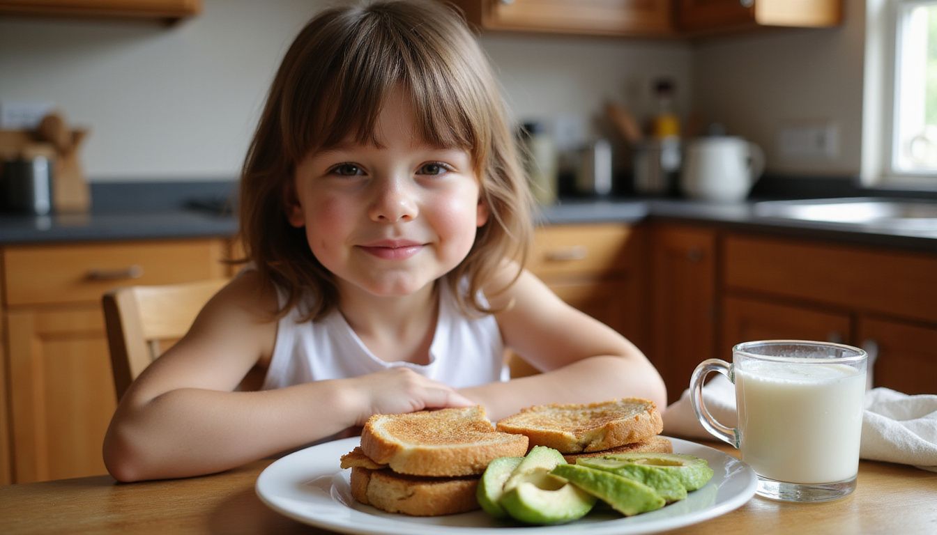 Girl enjoying peanut butter sandwiches and avocado in a cozy kitchen.