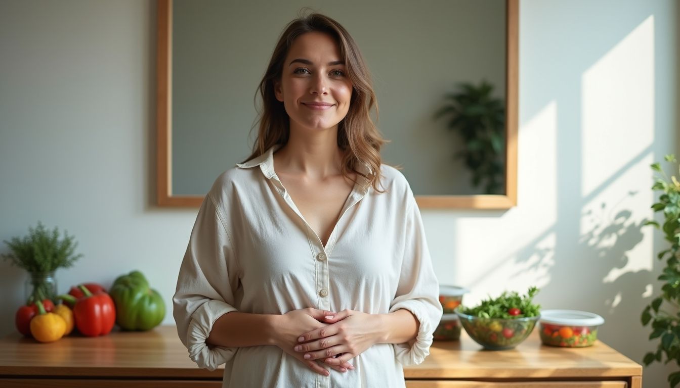A woman proudly shows progress from her weight loss journey in a home setting. A woman proudly shows progress from her weight loss journey in a home setting.