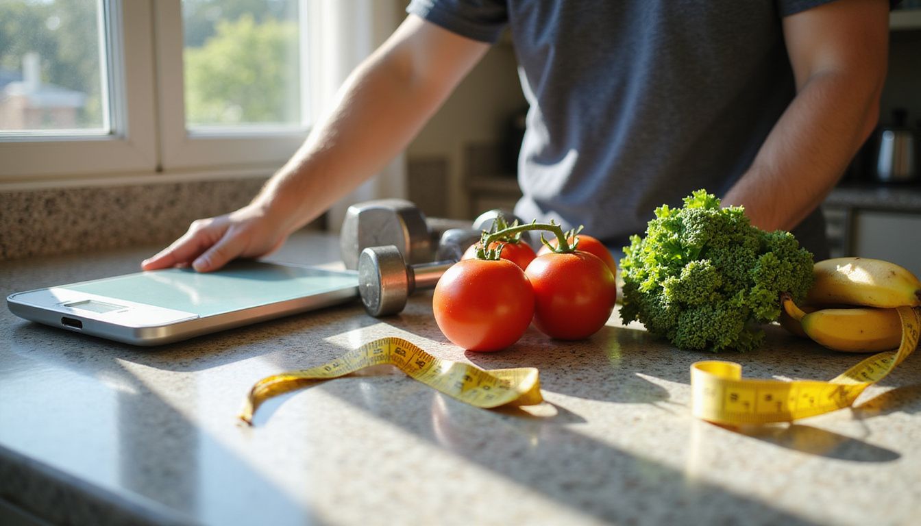 Fresh produce, fitness gear, and measuring tools arranged on a kitchen counter.