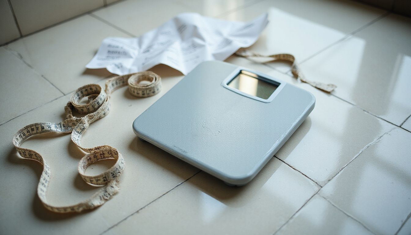 Unused bathroom scale on the floor with tape measures and discarded charts nearby.