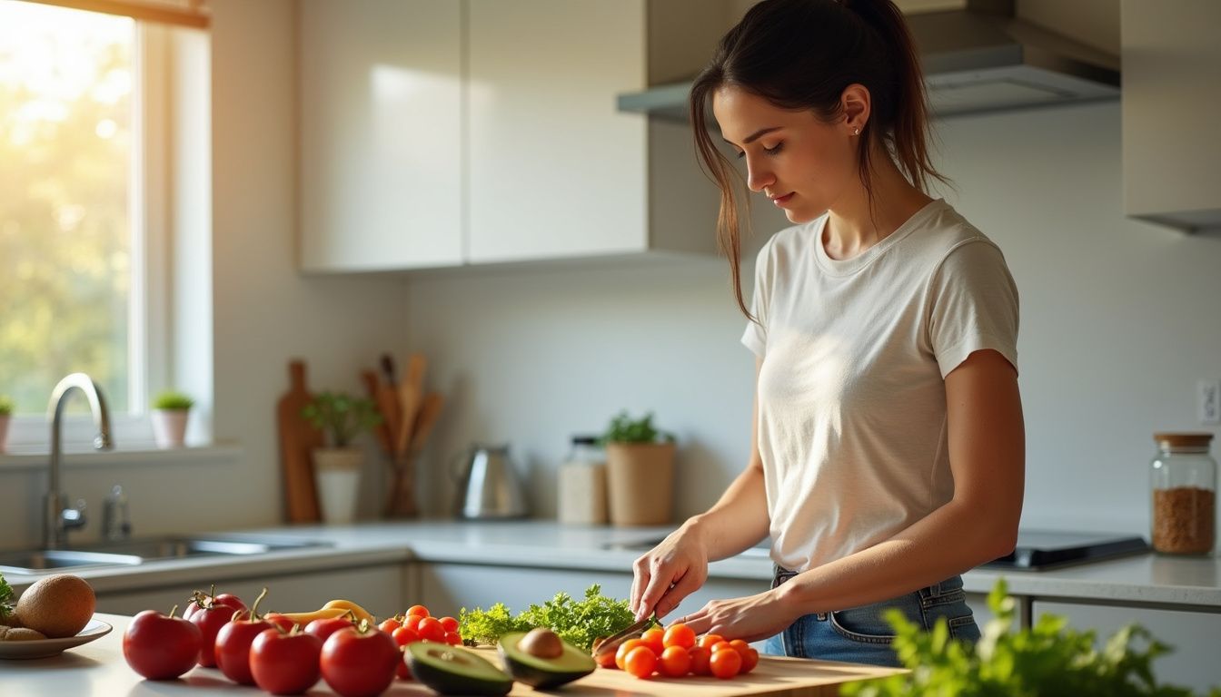Person chopping vegetables in a bright kitchen to prepare a balanced meal. Person chopping vegetables in a bright kitchen to prepare a balanced meal.