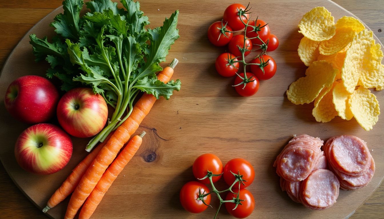 Table with fresh foods and packaged snacks side by side. Table with fresh foods and packaged snacks side by side.