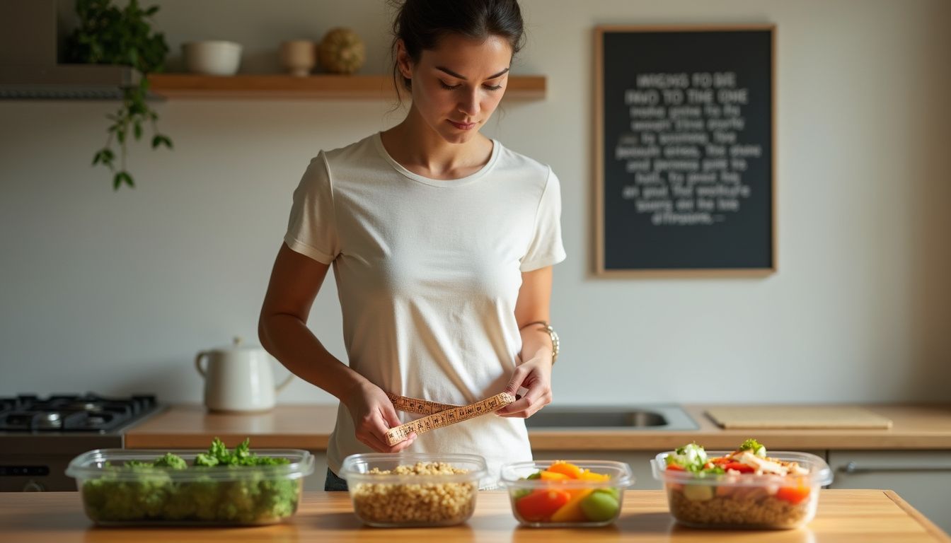 Person measuring waist in a bright kitchen next to healthy meals and water. Person measuring waist in a bright kitchen next to healthy meals and water.