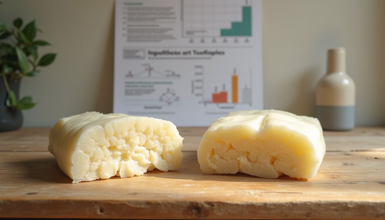 Samples representing visceral and subcutaneous belly fat on a table for comparison. Samples representing visceral and subcutaneous belly fat on a table for comparison.