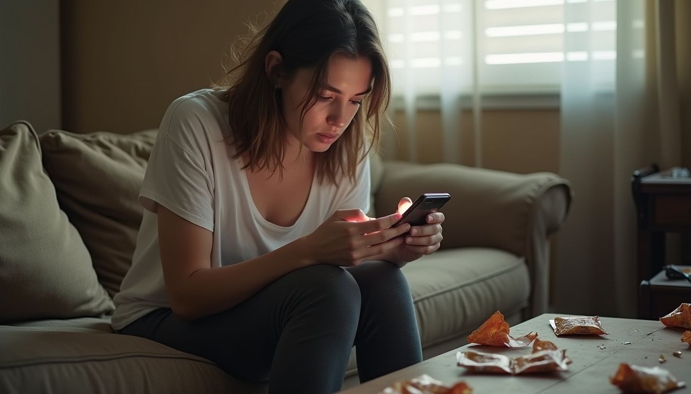 A tired woman sits on a worn sofa, looking at her smartphone with low energy.