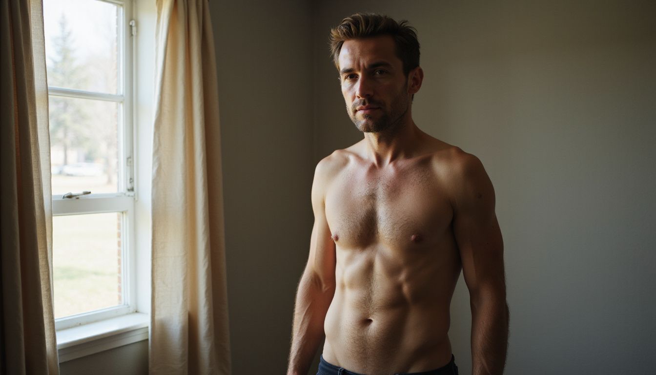 Man standing shirtless in a simple room, looking thoughtful about health goals. Man standing shirtless in a simple room, looking thoughtful about health goals.