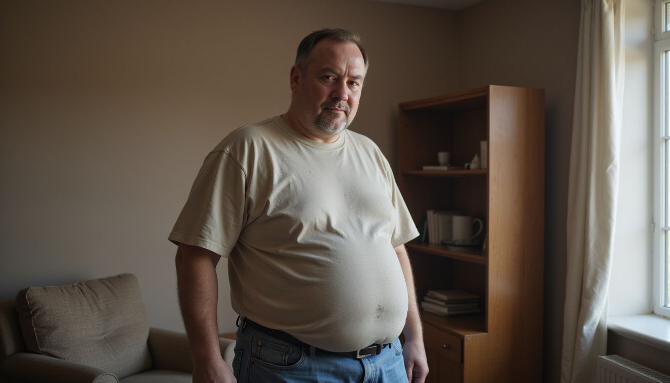 A middle-aged man pauses in a quiet room, thinking about his health and waistline.