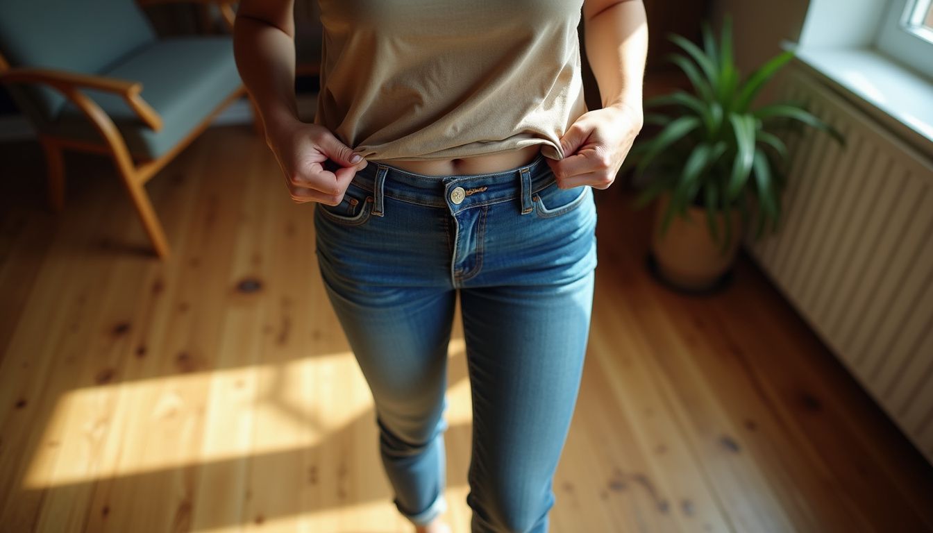 Woman in a living room, thinking about weight goals and daily habits. Woman in a living room, thinking about weight goals and daily habits.