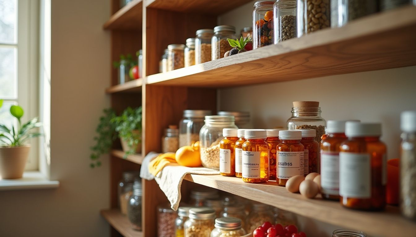 A well-organized pantry focused on healthy foods and menopausal supplements. A well-organized pantry focused on healthy foods and menopausal supplements.