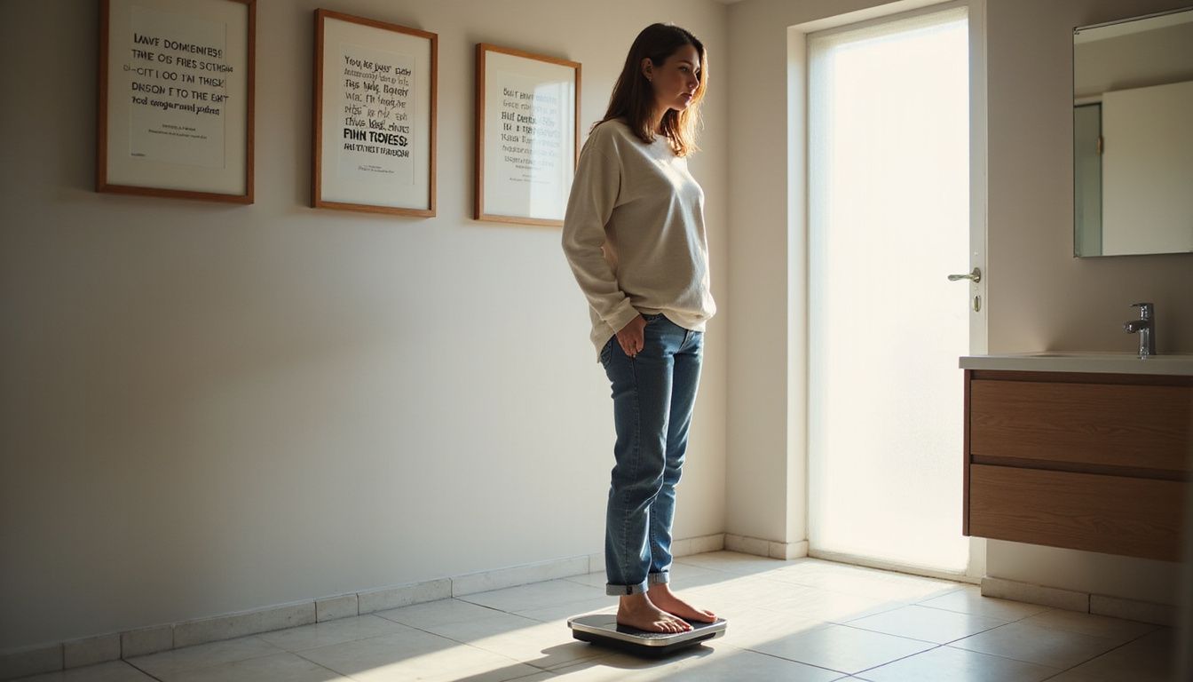 A woman checks her progress while standing on a scale.