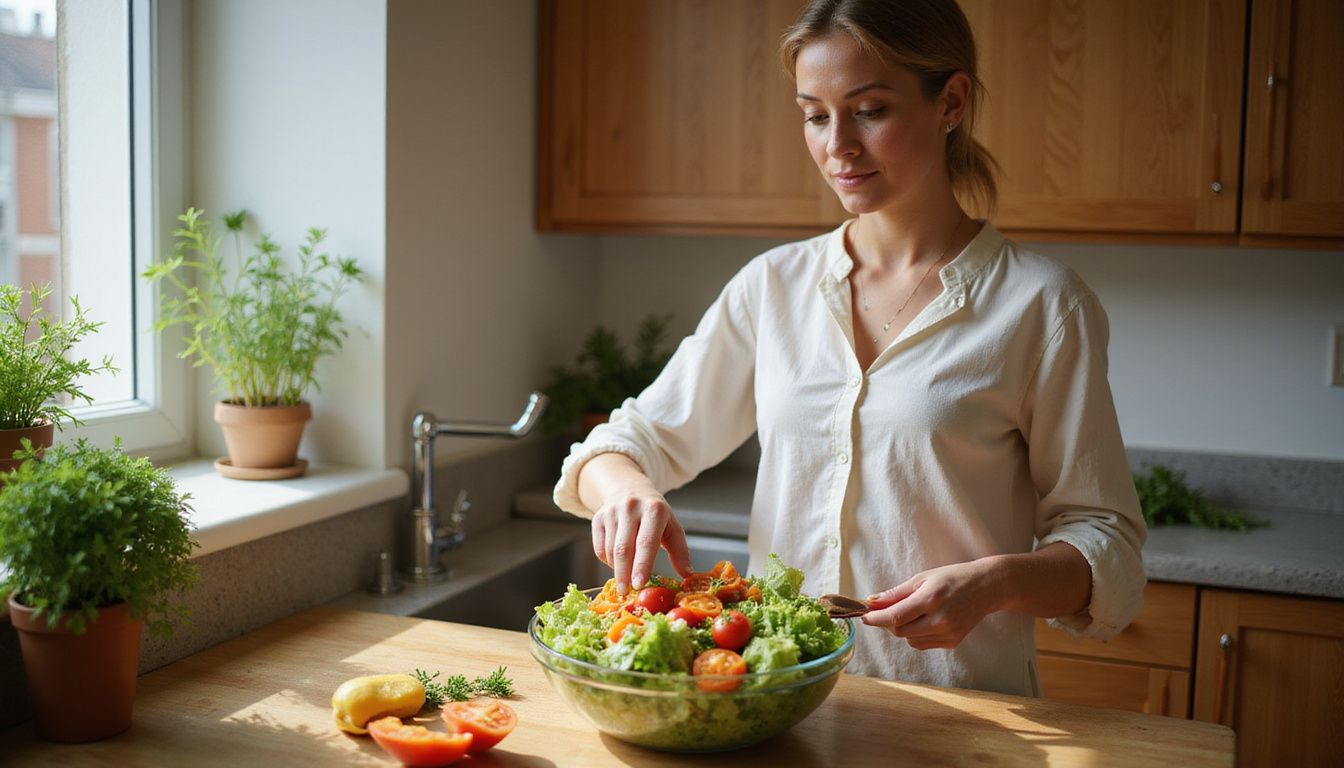 A home cook assembling a bright, vegetable-packed low-calorie salad. A home cook assembling a bright, vegetable-packed low-calorie salad.