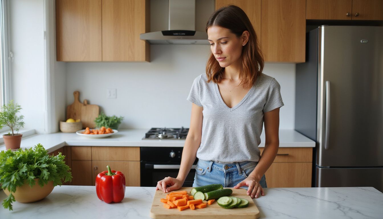 Home cook assembling a colorful low-calorie lunch with fresh vegetables. Home cook assembling a colorful low-calorie lunch with fresh vegetables.
