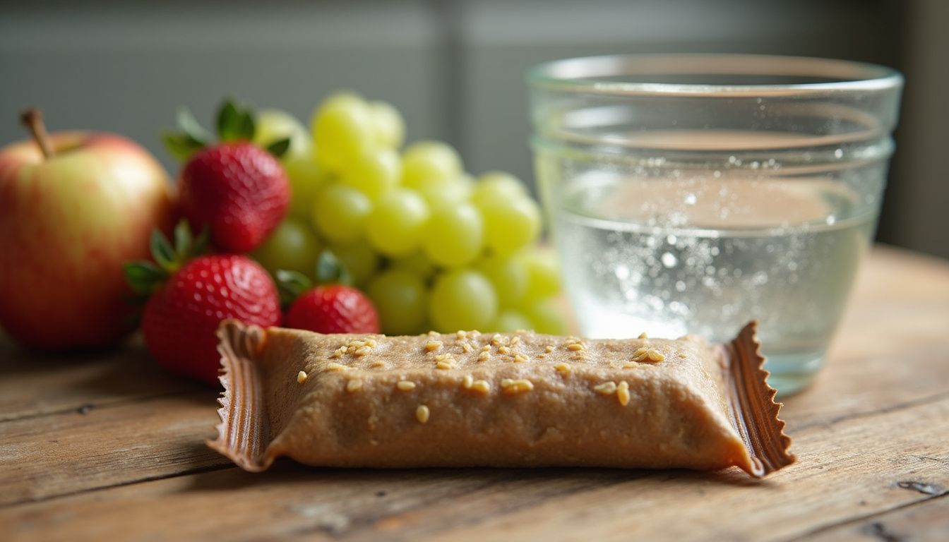 Protein bar beside fresh fruit on a wooden table, ready to eat.