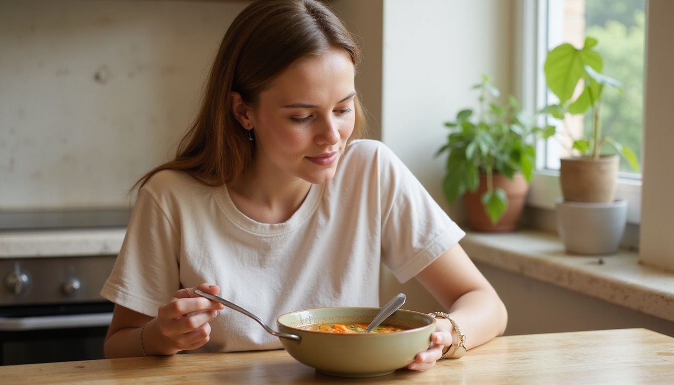 Woman eating a vegetable-based soup at a kitchen table.