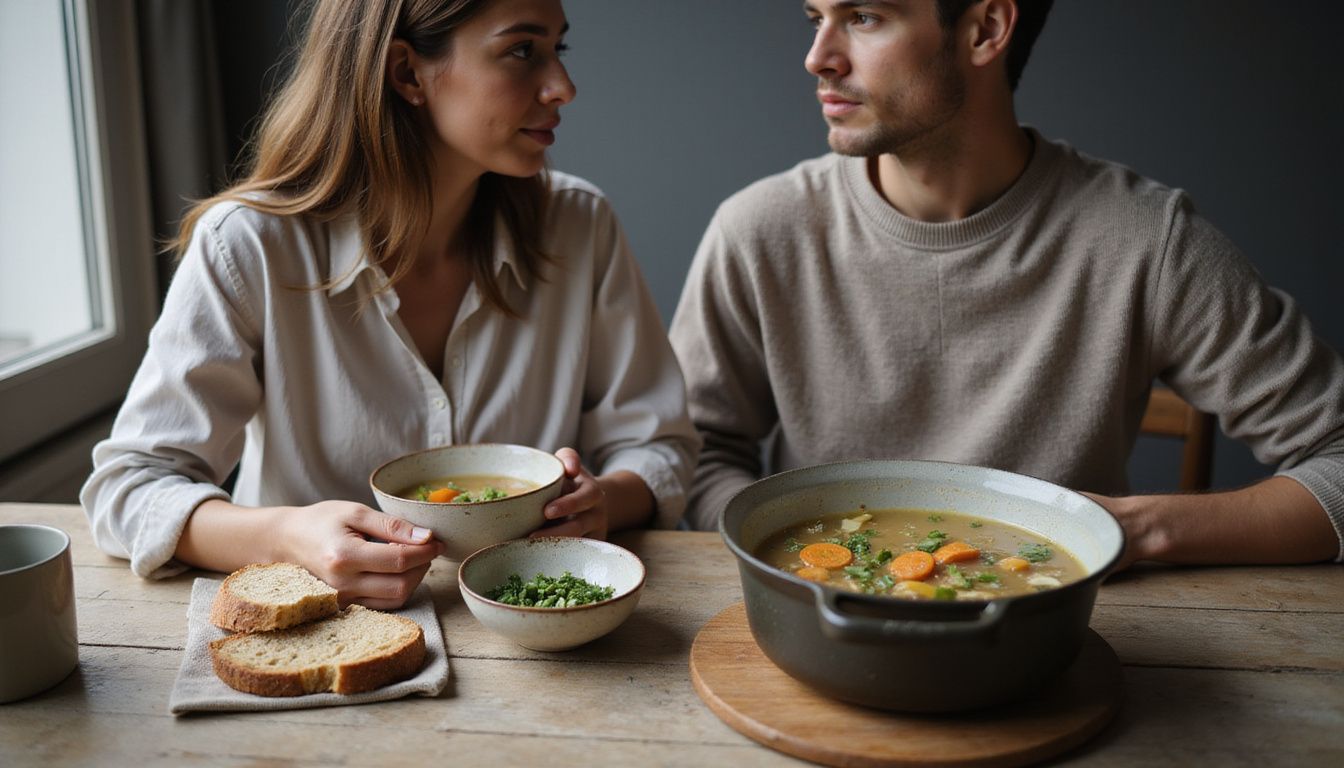 Two people enjoying steaming bowls of broth with crusty bread at a kitchen table.