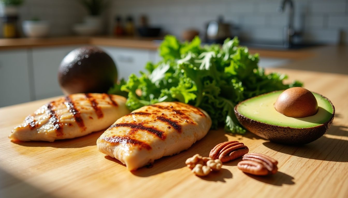 Kitchen setup with grilled chicken, leafy greens, and nuts for a low-carb meal. Kitchen setup with grilled chicken, leafy greens, and nuts for a low-carb meal.
