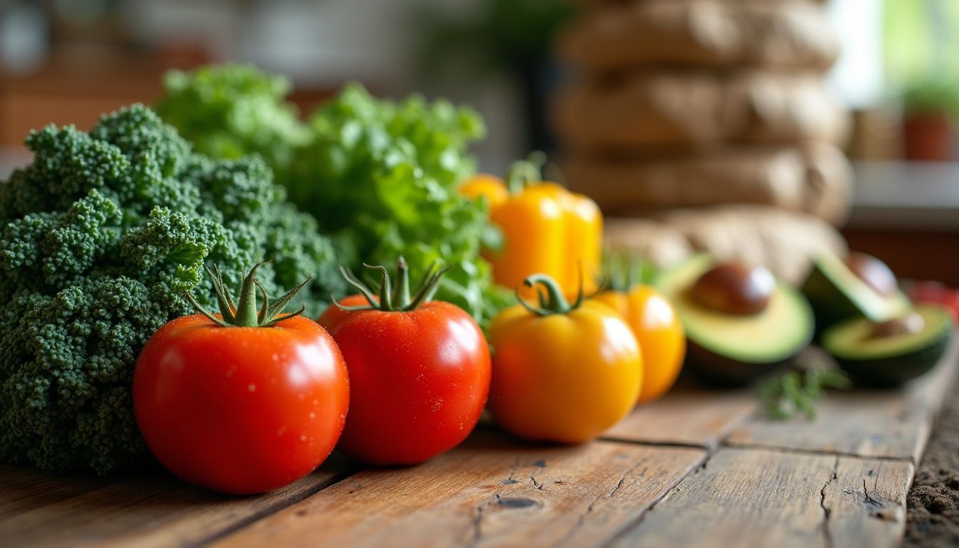 Colorful non-starchy vegetables and a few fruits arranged on a wooden table. Colorful non-starchy vegetables and a few fruits arranged on a wooden table.