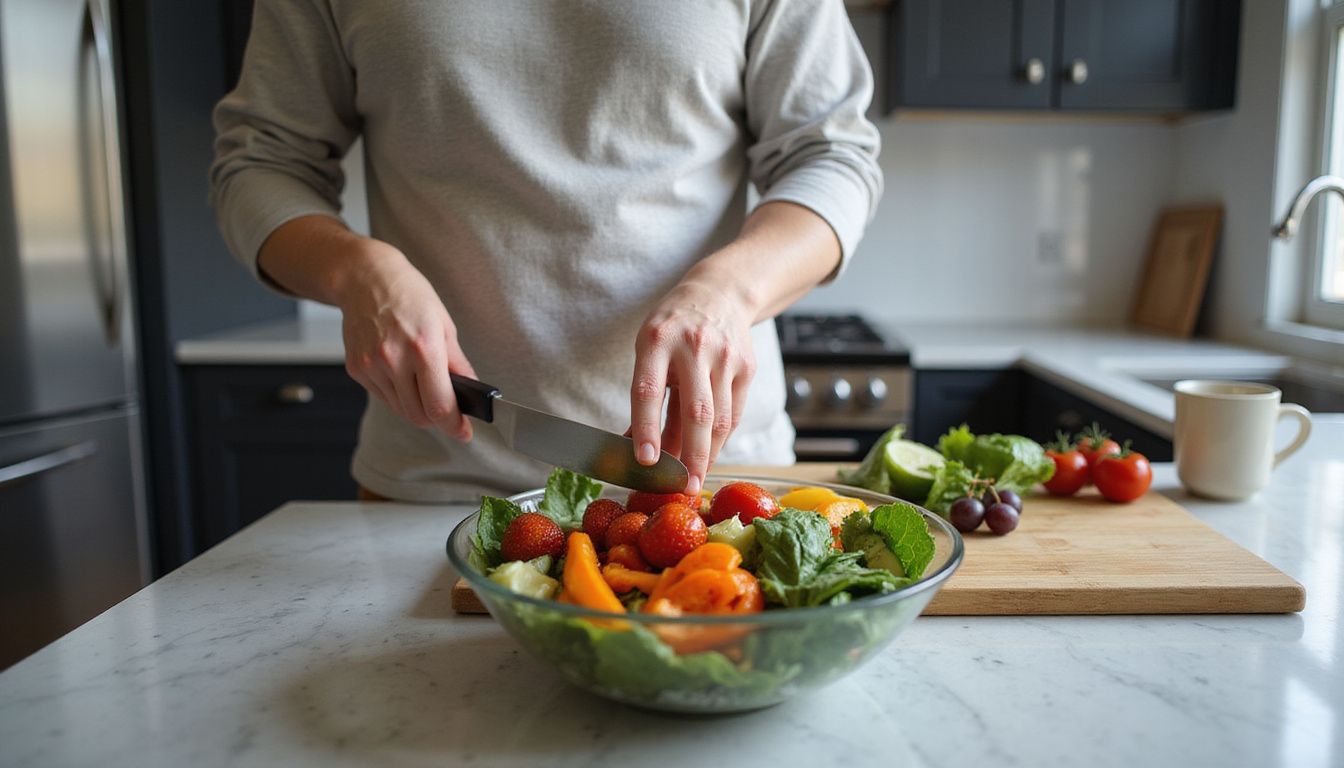 Hands tossing a bright salad in a modern kitchen bowl. Hands tossing a bright salad in a modern kitchen bowl.