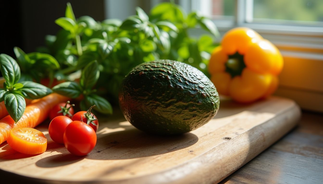 A halved avocado with colorful vegetables on a cutting board. A halved avocado with colorful vegetables on a cutting board.