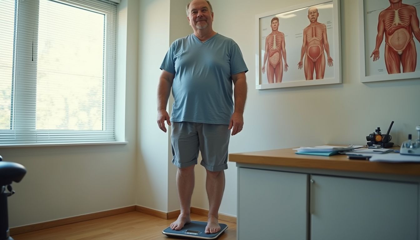 Man checking weight on a medical scale during a clinic visit.