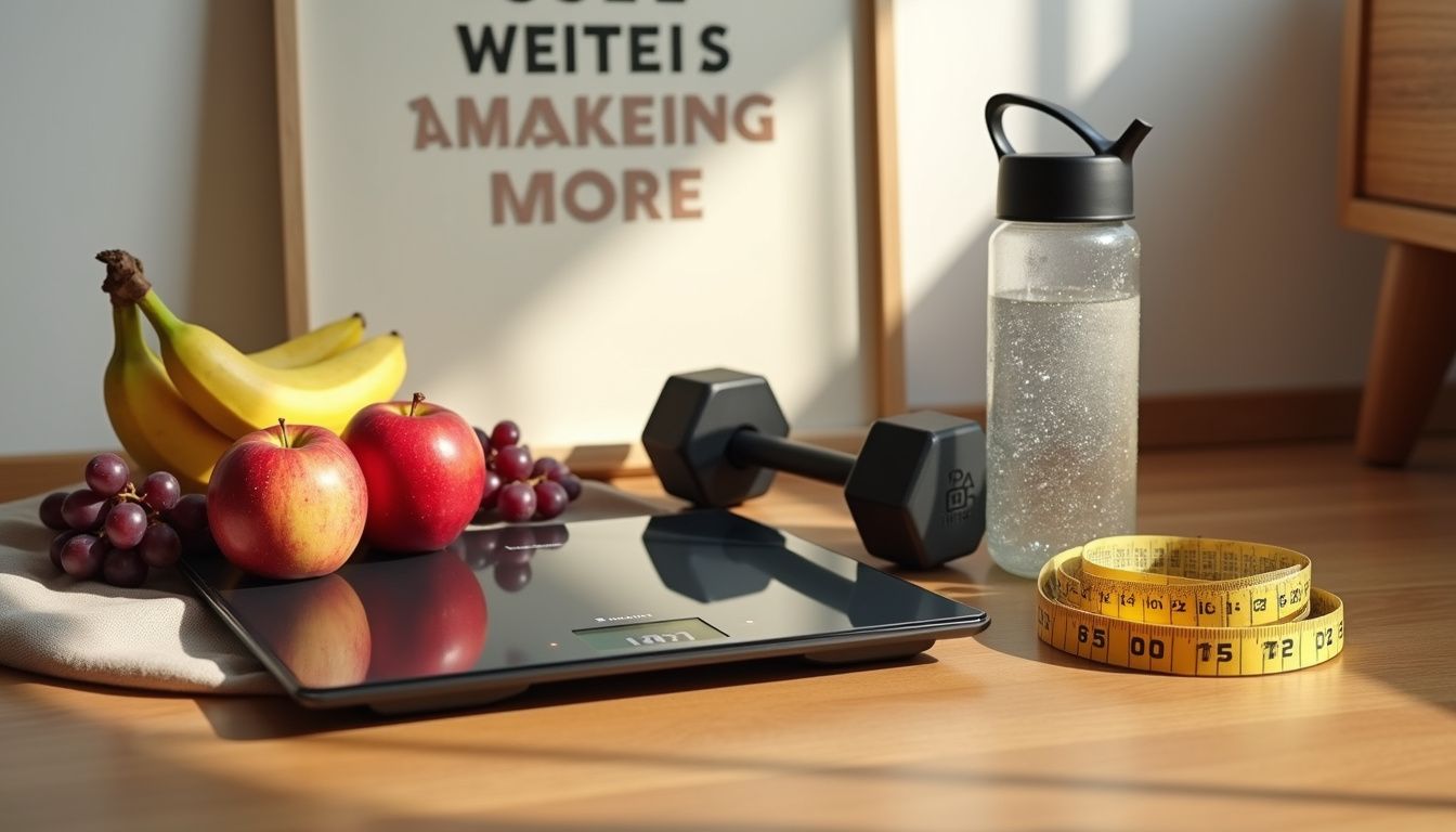 Digital scale with fruit, water bottle, and workout gear around it.