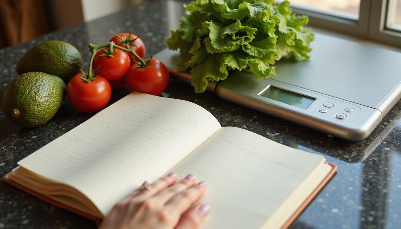Fresh produce, measuring spoons, and a simple meal-planning notebook on a counter. Fresh produce, measuring spoons, and a simple meal-planning notebook on a counter.
