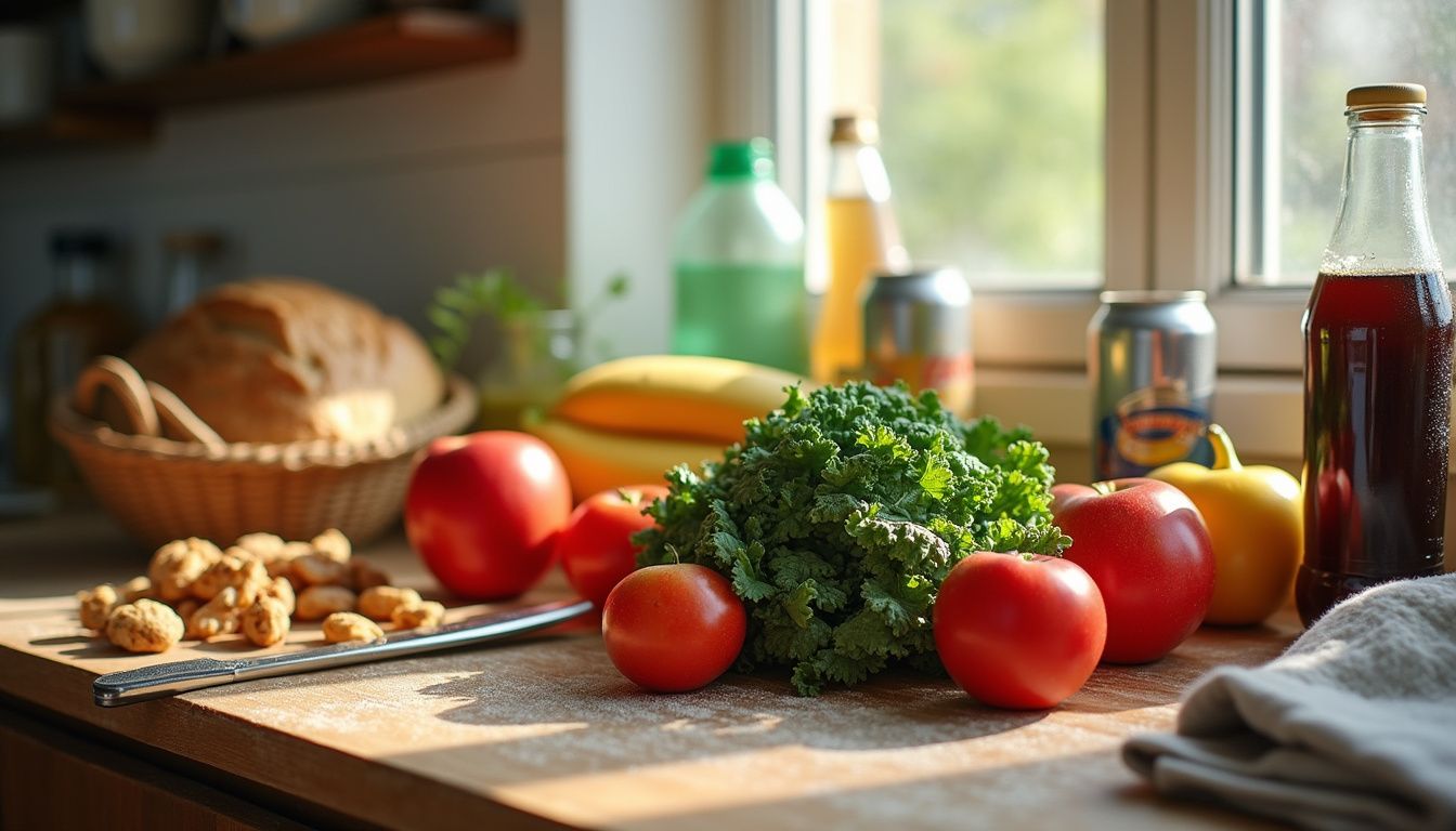 Countertop with fresh produce beside opened snack wrappers, showing mixed food choices. Countertop with fresh produce beside opened snack wrappers, showing mixed food choices.