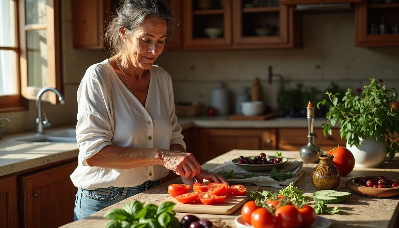 Cook preparing a fresh Mediterranean salad with tomatoes, greens, and olive oil.