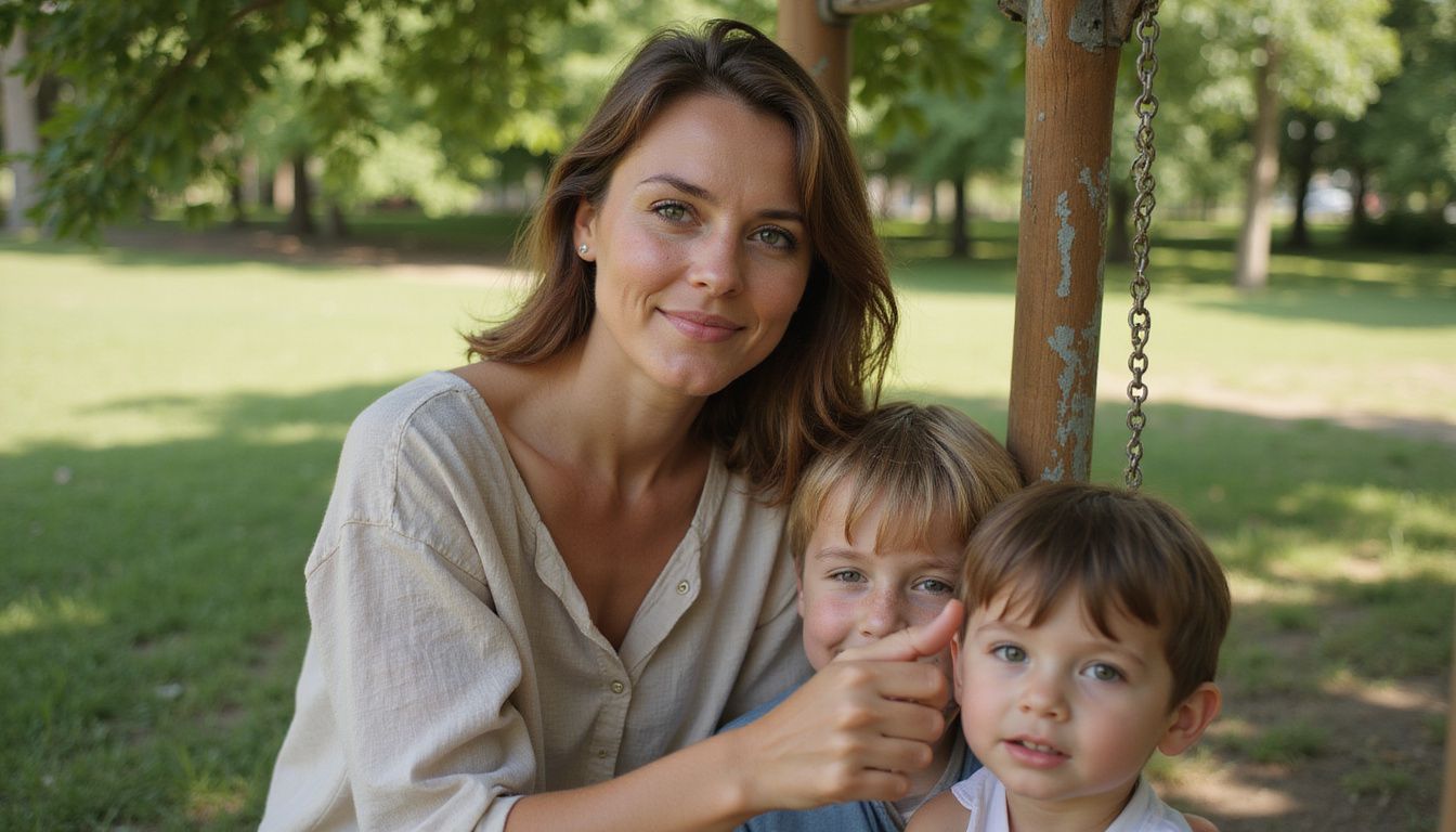 Meghan Trainor smiles while playing with her two young sons at a park.