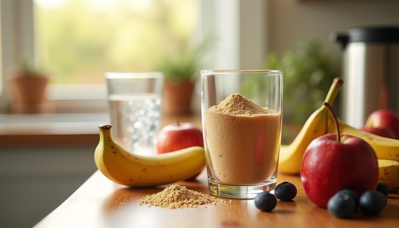 A glass of orange Metamucil powder drink beside fruit and water. A glass of orange Metamucil powder drink beside fruit and water.