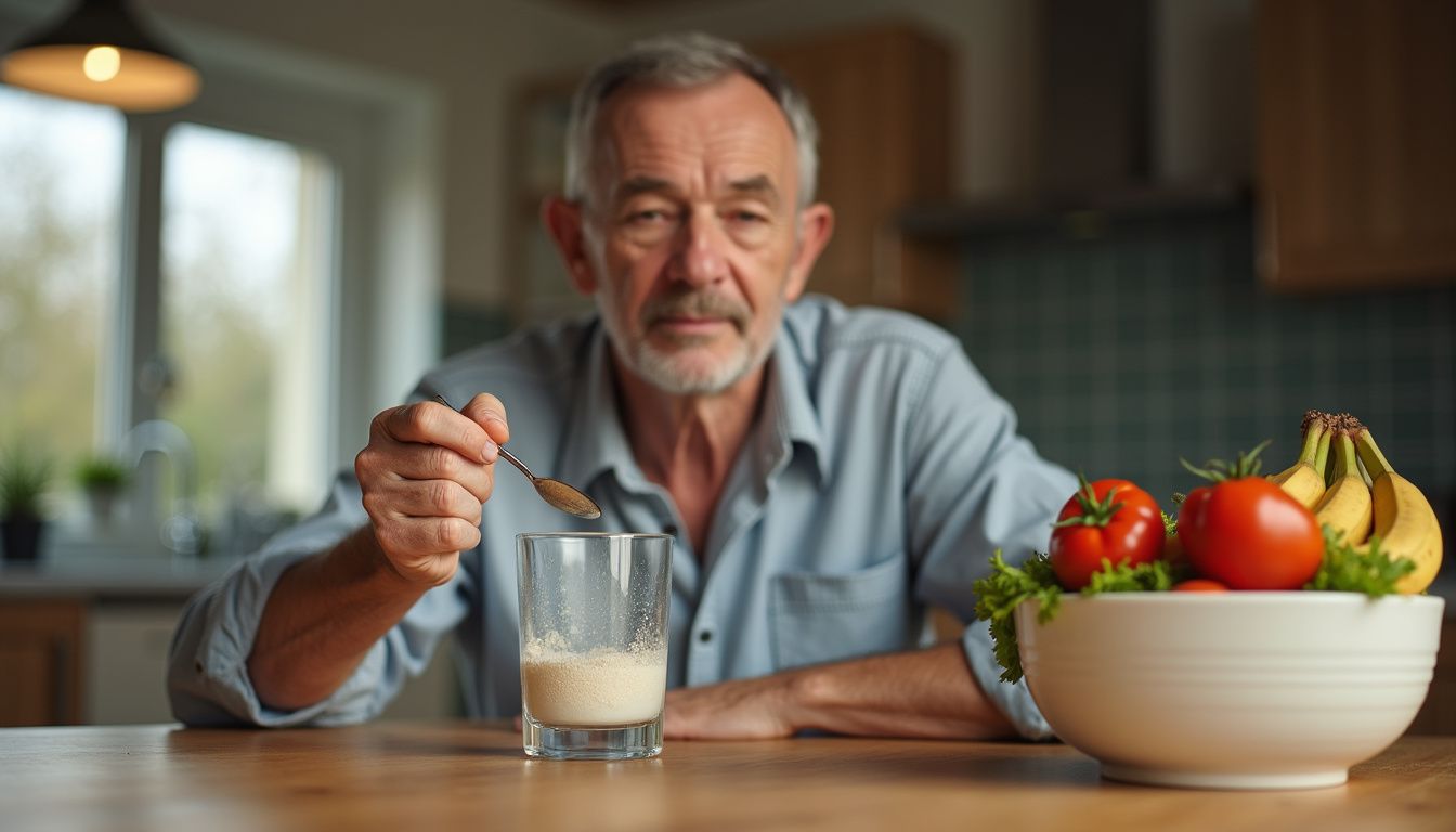A man stirs a glass of water at a kitchen table to mix a fiber supplement. A man stirs a glass of water at a kitchen table to mix a fiber supplement.
