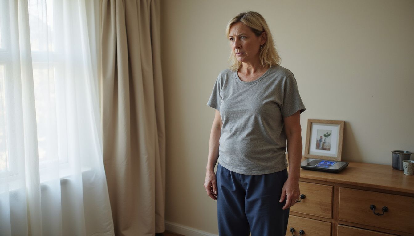 A woman looking down at a scale, anxious about her current weight. A woman looking down at a scale, anxious about her current weight.