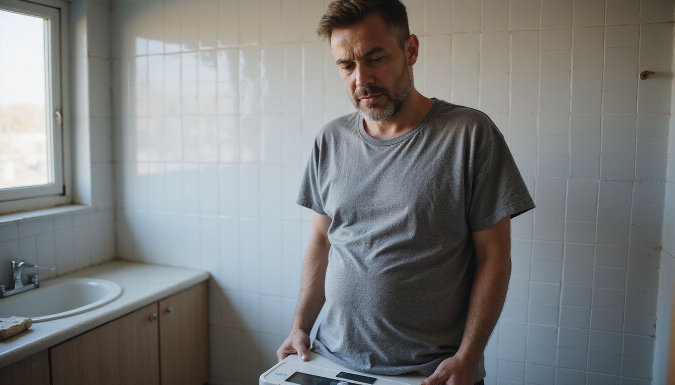 A man checks his progress while standing on a bathroom scale. A man checks his progress while standing on a bathroom scale.