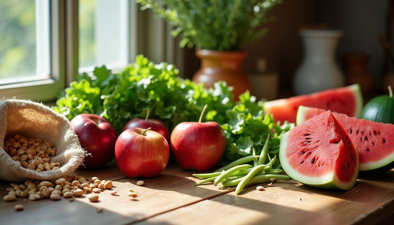 Vibrant produce and grains arranged on a rustic kitchen counter. Vibrant produce and grains arranged on a rustic kitchen counter.