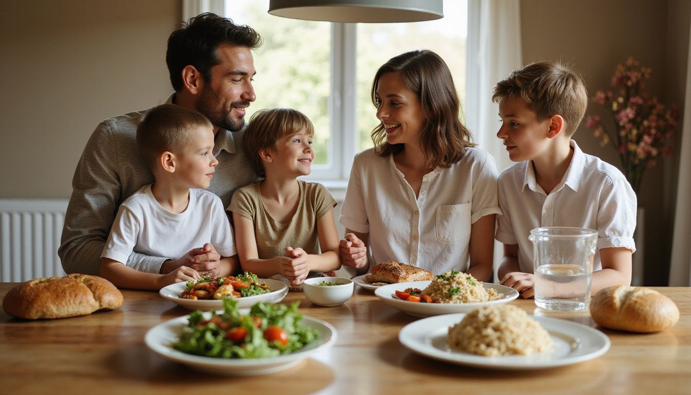 Family sharing a balanced meal that follows the MyPlate food groups.