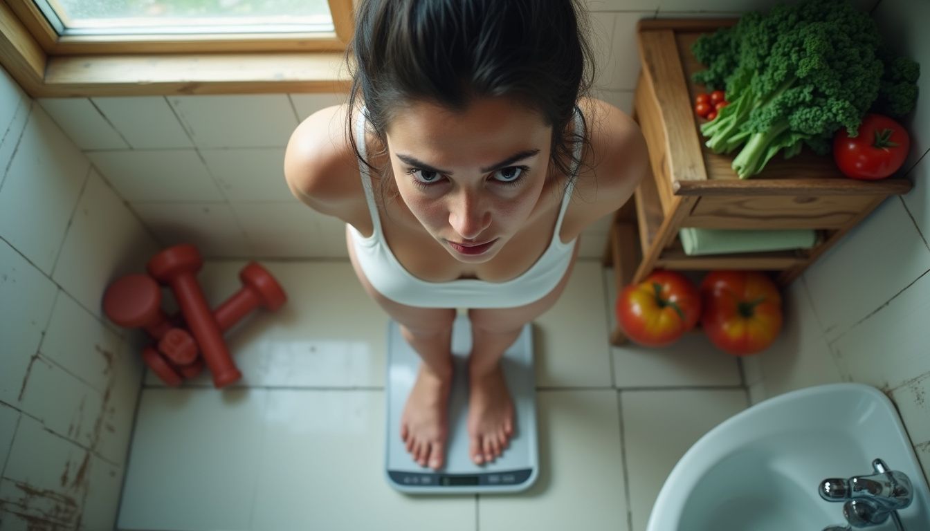 Person checking weight on a scale with healthy food and gym gear nearby. Person checking weight on a scale with healthy food and gym gear nearby.