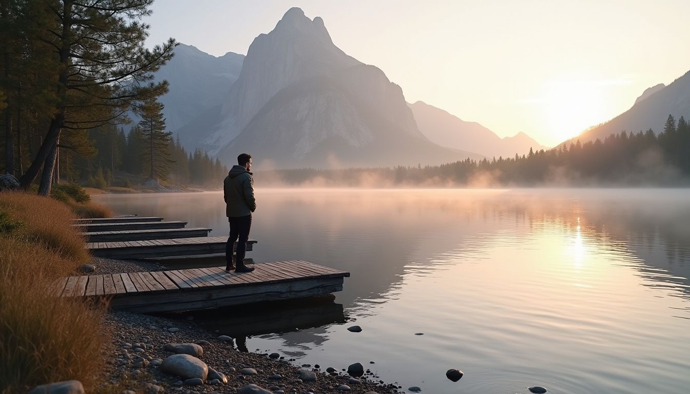 A calm dawn scene by a lake with one person reflecting on health goals. A calm dawn scene by a lake with one person reflecting on health goals.