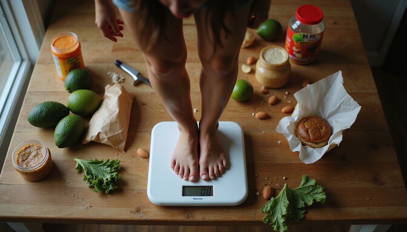 Frustrated woman weighing herself next to a kitchen counter scattered with packaged foods.
