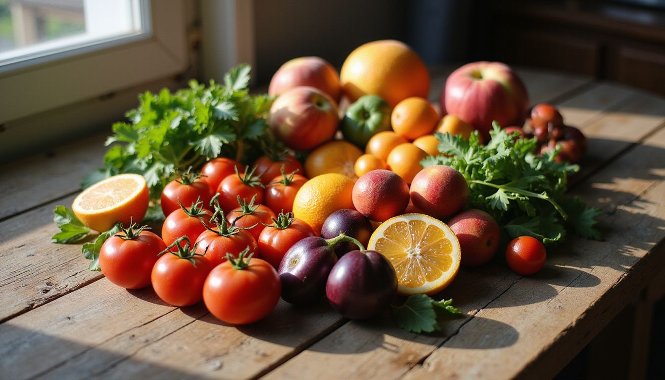 Colorful fruits and vegetables arranged on a wooden table for a balanced diet. Colorful fruits and vegetables arranged on a wooden table for a balanced diet.