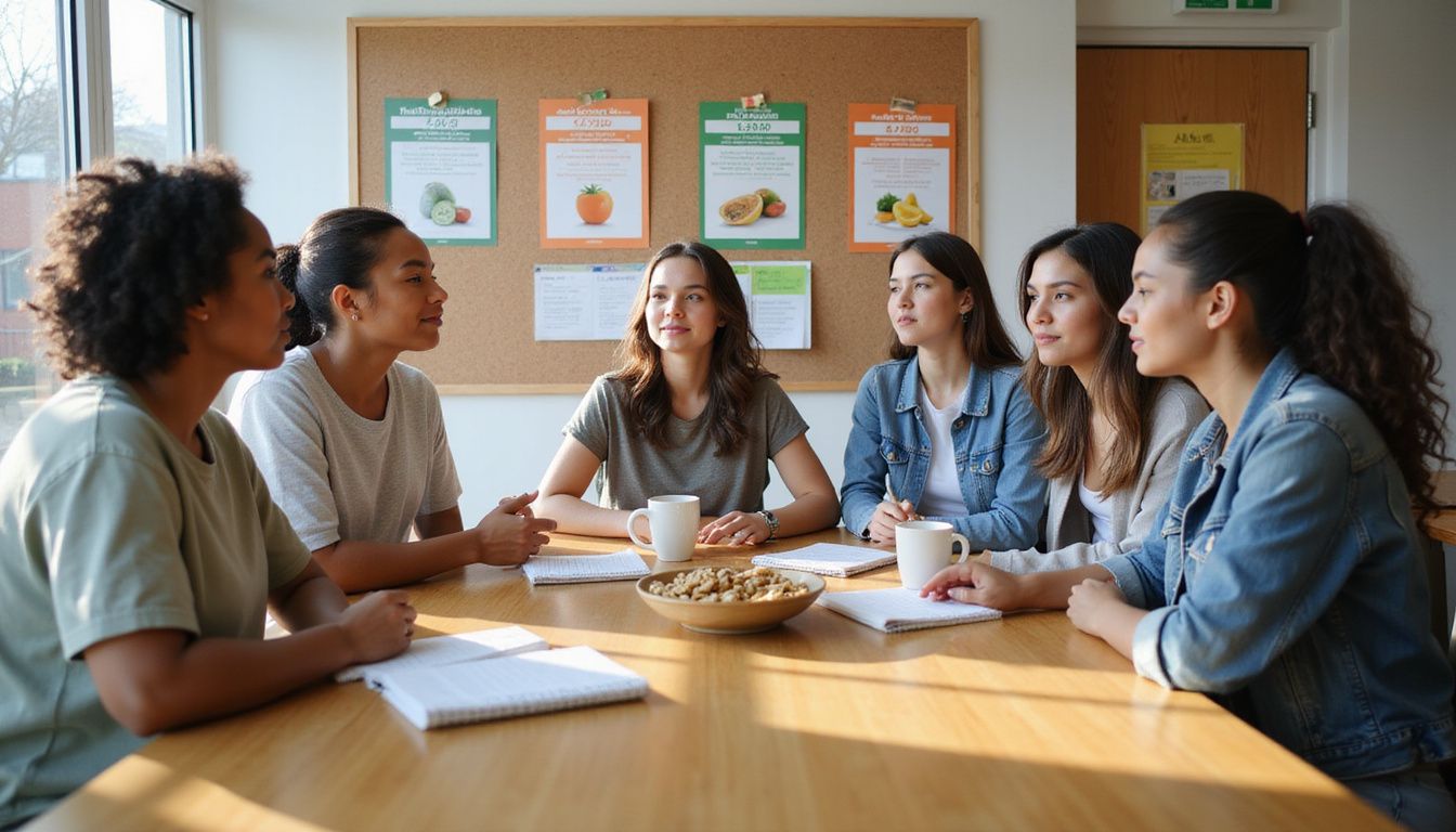 Young adults discussing healthy food choices around a table.