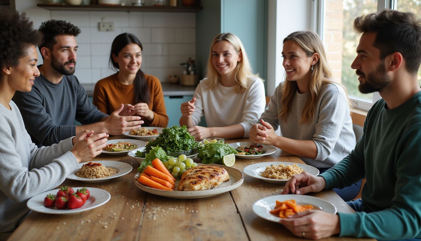 A diverse group sharing a colorful, healthy meal while talking around the table.