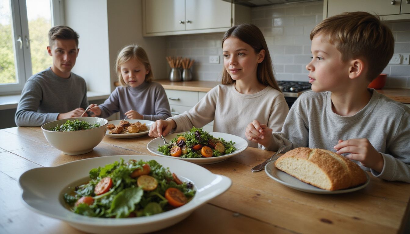 Family sharing a home-cooked meal at a wooden kitchen table. Family sharing a home-cooked meal at a wooden kitchen table.